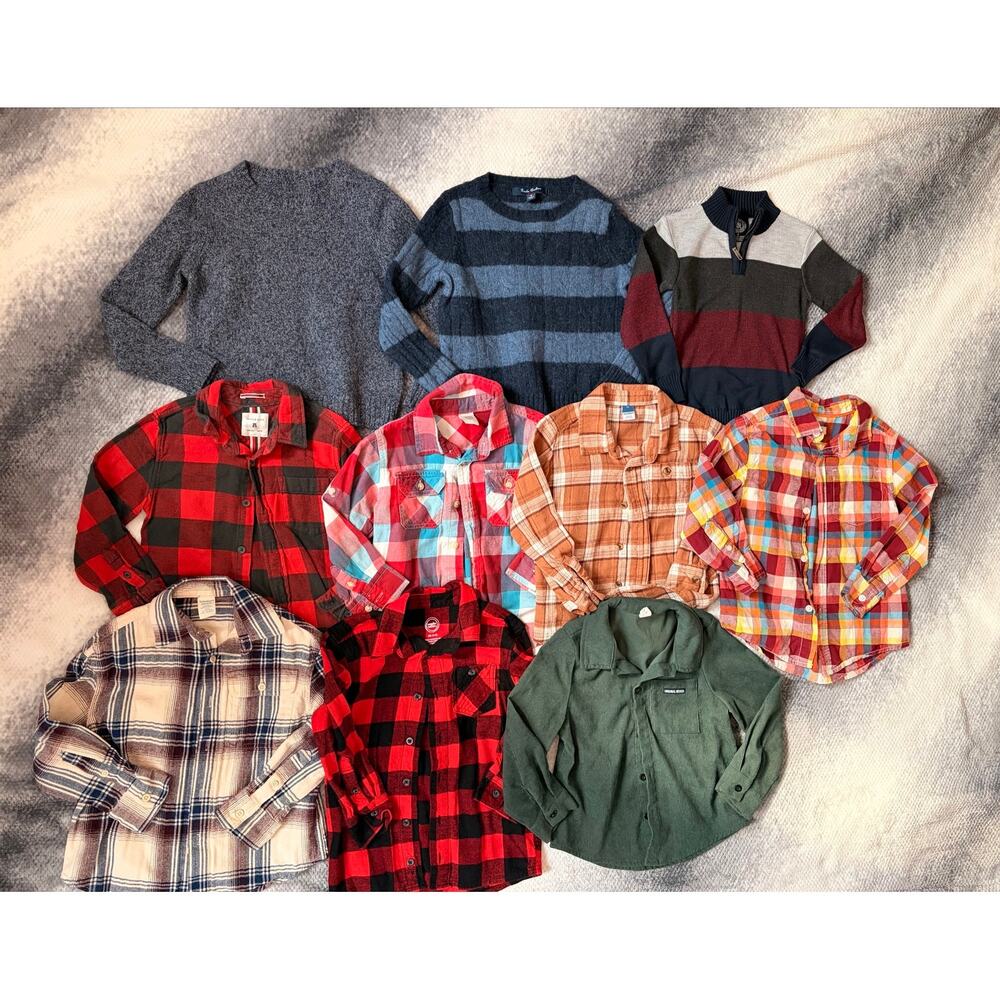 10 PC Bundle Size 4T 5T Toddler Boy Button Up Flannels Plaid Striped Sweaters